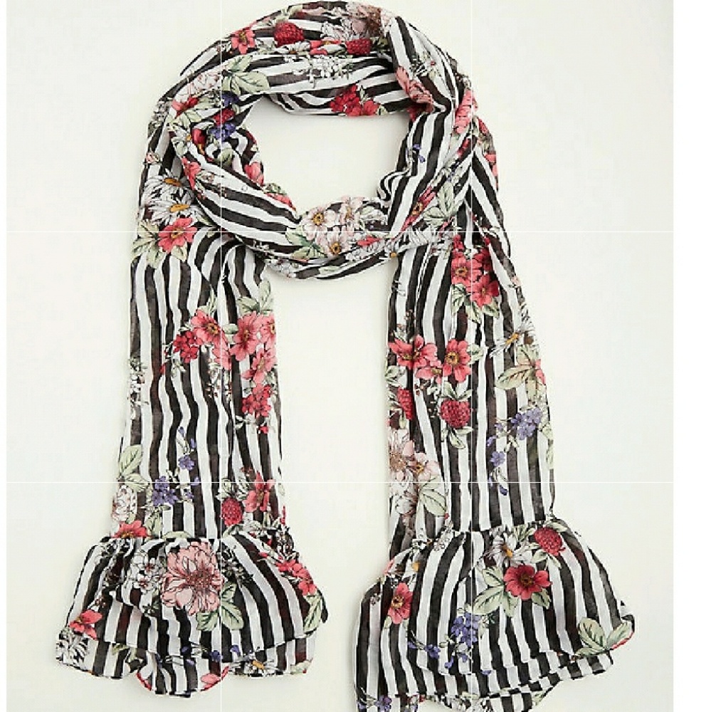 New Torrid Mixed Floral Stripe Ruffled Scarf